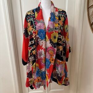 Johnny Was Silk Floral Embroidered Boho Art Open Front Kimono Duster Oversize PS